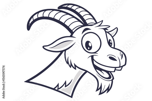 Cheerful cartoon goat head smiles with visible teeth and layered horns is featured