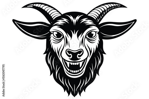 Black and white satanic goat head with horns displays an evil grin