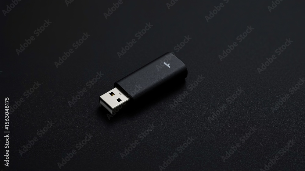 Fototapeta premium A sleek black USB flash drive resting on a textured dark surface, symbolizing modern technology and data storage solutions.