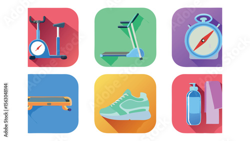 Illustration of fitness equipment including exercise bike treadmill stopwatch step shoe and water bottle towel