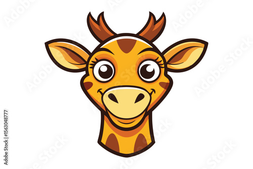 An endearing giraffe character smiles with charm, showcasing big eyes and distinctive cartoon features