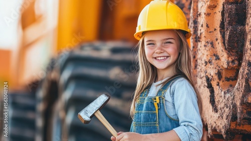Young girl in construction helmet, overalls, and a hammer