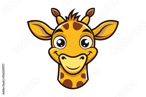 Cheerful cartoon giraffe face shows with big eyes, brown spots, and pleasant expression
