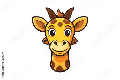 A cartoon giraffe head shows its big expressive eyes and friendly smile