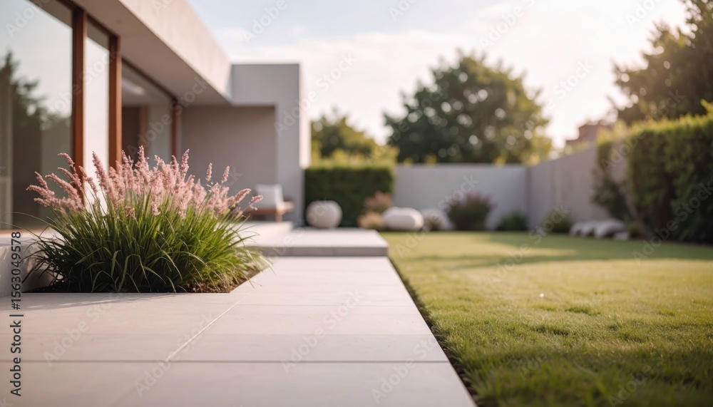 Obraz premium A modern minimalist house featuring a spacious garden with elegant landscaping and lush greenery under a clear sky.