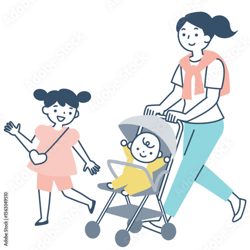 ベビーカーを押す母親と女の子