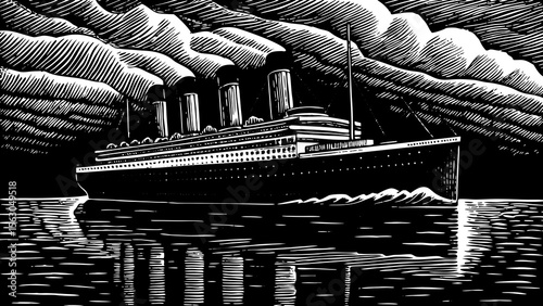cruise ship sailing across calm waters under clouds, ideal for travel agencies, oceanic posters or nautical branding a black and white line art illustration
