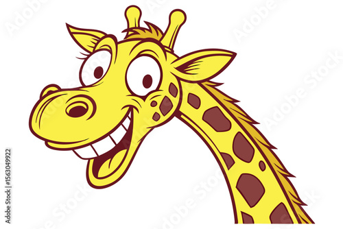 Cartoon giraffe joyfully flashes a wide smile with noticeable brown spots on its neck