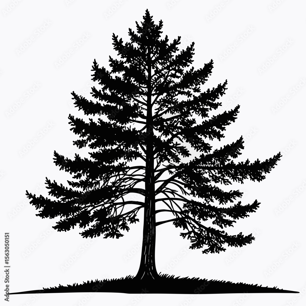 Fototapeta premium Black Ink Silhouette Large Coniferous Tree Detailed Drawing