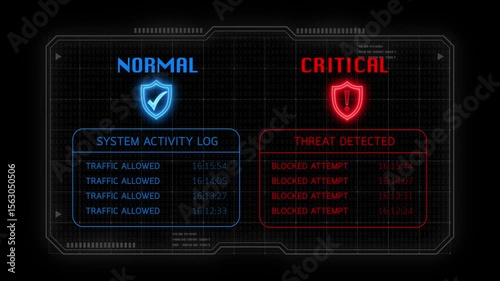 A side-by-side firewall status animation comparing normal operation and critical failure. Ideal for cybersecurity, threat monitoring, or enterprise IT protection content.