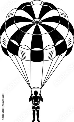 Bold black silhouette of a person with a checkered parachute harness, perfect for summer adventure designs