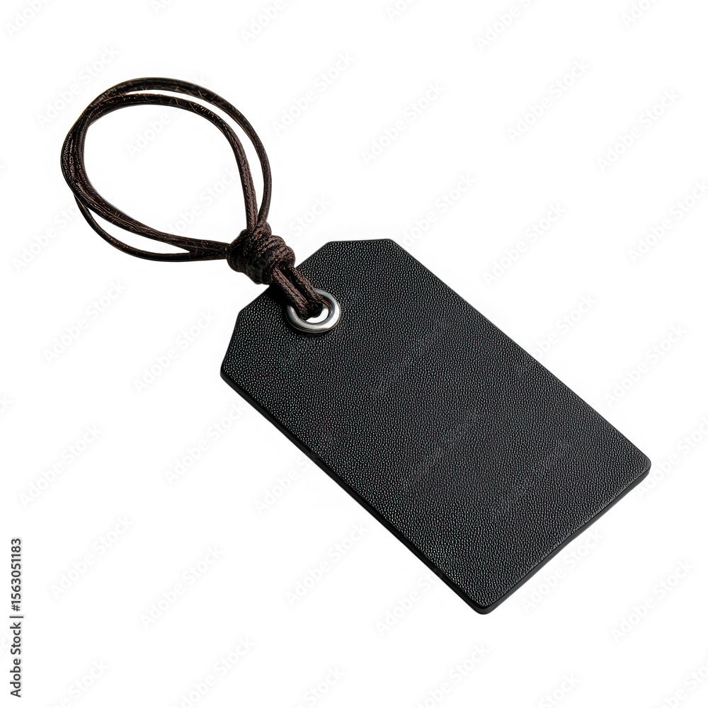 Fototapeta premium Blank black leather luggage tag with brown string isolated on transparent background