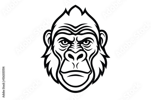 Black and white gorilla head displays strong, fierce expression with bold, definitive outline