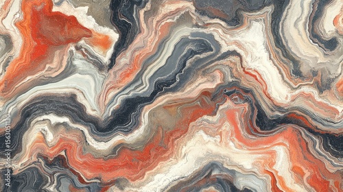 Abstract agate pattern with orange, grey, black and white flowing lines. Use it for backgrounds, textures, or design elements on web or print.