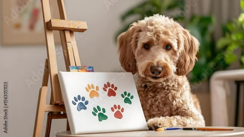 A dog beside an easel displaying a canvas with colored paw prints.
