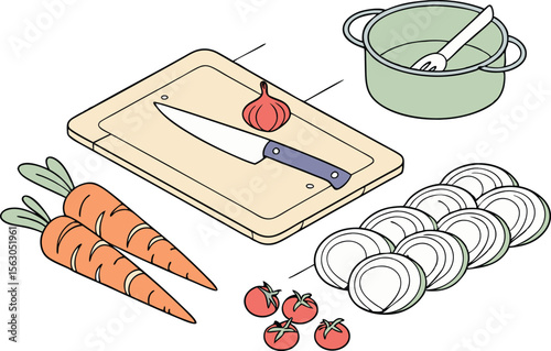 Cooking Ingredients and Utensils Set Featuring Spices Herbs and Kitchen Tools. Kitchen Utensils and Ingredients Illustration for Recipe Design and Food Projects. Culinary Ingredients and Cooking Tools