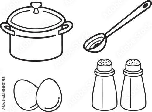 Cooking Ingredients and Utensils Set Featuring Spices Herbs and Kitchen Tools. Kitchen Utensils and Ingredients Illustration for Recipe Design and Food Projects. Culinary Ingredients and Cooking Tools