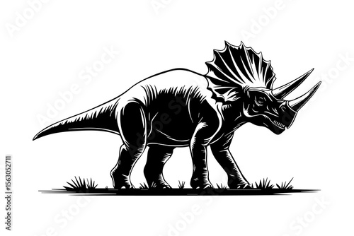 Majestic dinosaur stands tall with intricate features and bold stance against grass
