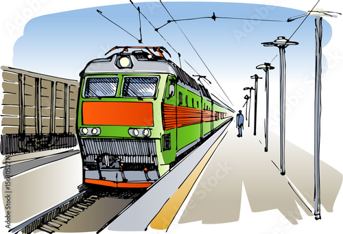 Old Passenger Locomotive at the Platform – Hand-Drawn Sketch. Railway Travel Concept. Handmade Illustration, Non-AI