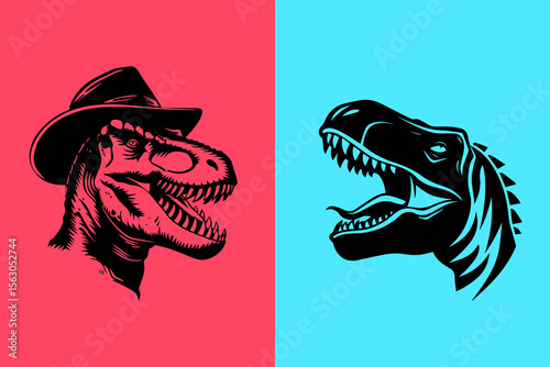 Bold dinosaur faces in contrasting colors, showcasing unique expressions and styles