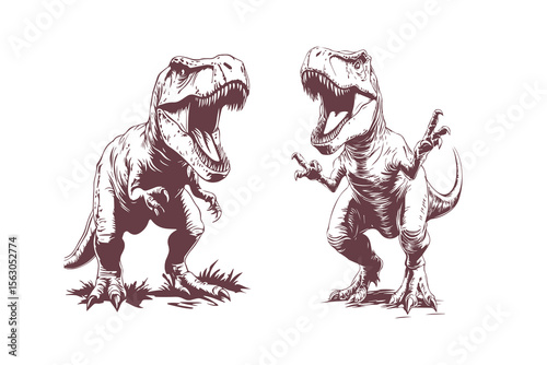 Two fierce dinosaurs roar with distinctive poses, showcasing their power and presence