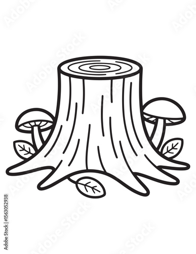 Tree Stump with Mushrooms and Leaves Coloring Page