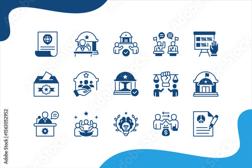 Political Leadership icon set with Authority, Decision-making, Representation, Governance, Leadership, Public trust, Influence icons symbol editable.
