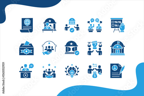 Political Leadership icon set with Authority, Decision-making, Representation, Governance, Leadership, Public trust, Influence icons symbol editable.