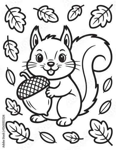 Squirrel Holding Acorn with Leaves Coloring Page