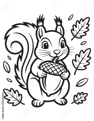 Squirrel Holding Acorn with Leaves Coloring Page