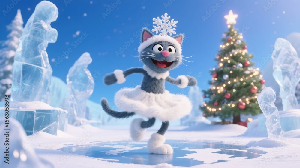 Obraz premium Animated cat in a ballet outfit dancing joyfully in a snowy, festive landscape with ice sculptures and a Christmas tree.