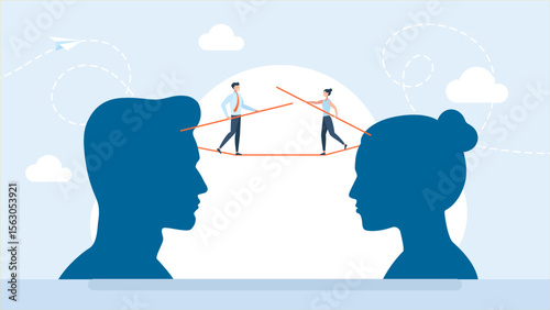 A man and a woman walk on a tightrope to meet each other. The connection between the heads of a woman and a man. Finding love, couple relationship concept. Meeting, uniting. Vector illustration