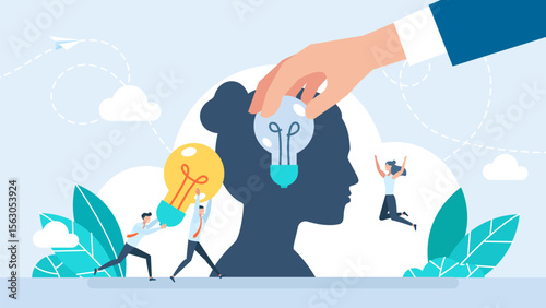 Boost productivity, effective method of skills development for entrepreneur. Mental health, stress. People change broken light bulb inside woman head of leader to bright lamp. Vector illustration