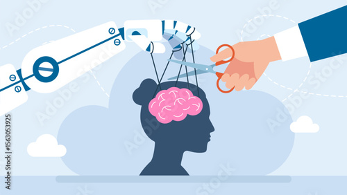 Robot hand manipulating woman brain. Robot puppet master. Dependence on technology. A specialist helps to escape from the influence of AI. Artificial Intelligence controls woman. Vector illustration