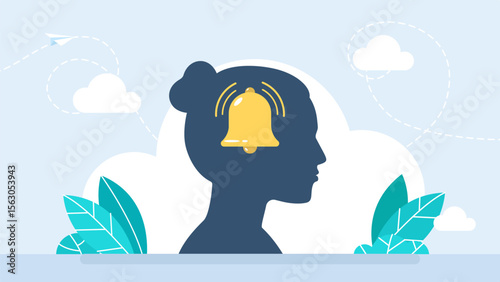 Mind with bell inside. Inside woman’s head time management concept. Self awareness, psychological state in individuality of behavior or feeling. Stress of deadline and being late. Vector illustration