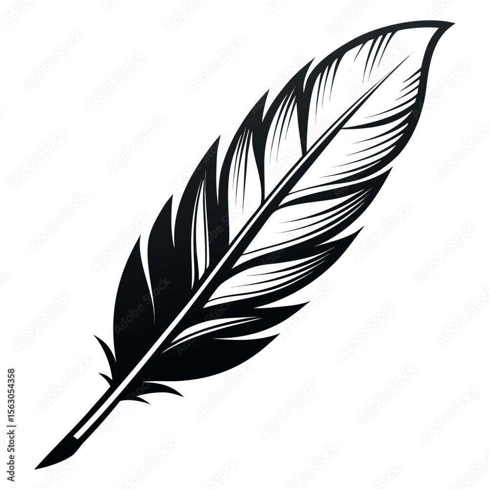 Obraz premium Single Detailed Feather – Clean Line Art Vector Illustration – Elegant Minimalist Drawing for Boho Decor, Nature Designs, Tattoo Concepts, and Ethereal Artistic Projects