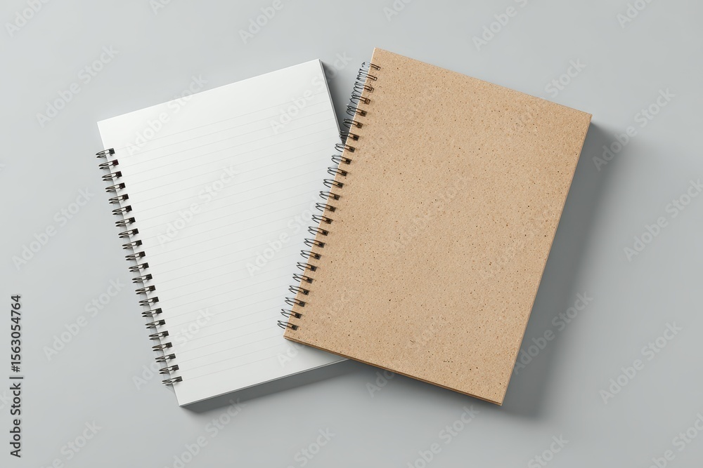 Two spiral-bound notebooks, one white, one kraft brown, lie slightly overlapping on a gray background Two spiral-bound notebooks, one white, one kraft brown, lie slightly overlapping on a gray background