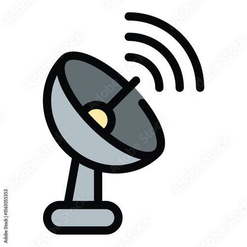 Satellite dish icon flat line style illustration representing signal transmission and global communication, suitable for telecommunications, broadcasting, and space technology projects