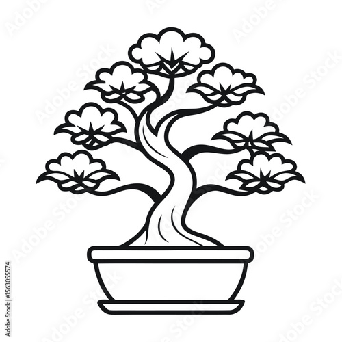Bonsai Tree in a Pot – Minimalist Line Art Vector Illustration – Clean Botanical Design for Zen Decor, Japanese Style, Nature Branding, and Peaceful Garden-Themed Projects