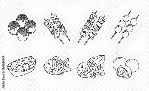Japanese Street Food Outline Vector Set | Takoyaki, Yakitori, Dango, Taiyaki Illustration for Menu Design and Asian Food Marketing