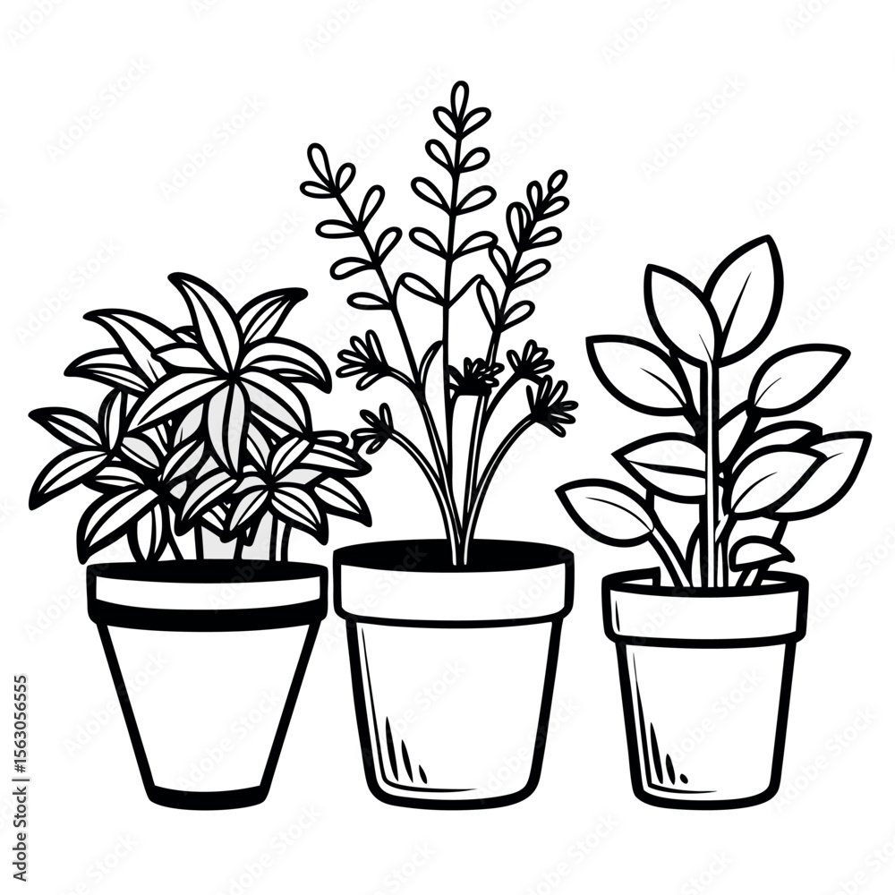 Kitchen Herbs in Pots – Clean Line Art Vector Illustration – Minimalist Potted Plant Set for Culinary Decor, Botanical Designs, Garden Labels, and Organic Food-Themed Projects Kitchen Herbs in Pots – Clean Line Art Vector Illustration – Minimalist Potted Plant Set for Culinary Decor, Botanical Designs, Garden Labels, and Organic Food-Themed Projects