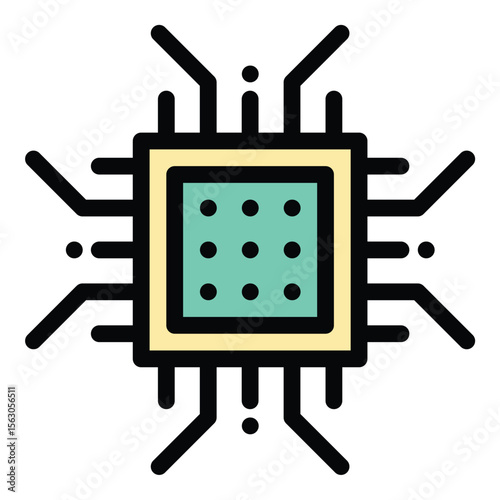 Microchip icon flat line style illustration representing electronic circuitry and computing power, suitable for technology, hardware development, and digital innovation projects