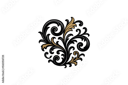 Elegant Black and Gold Baroque Floral Ornament; Vintage Style Design Element