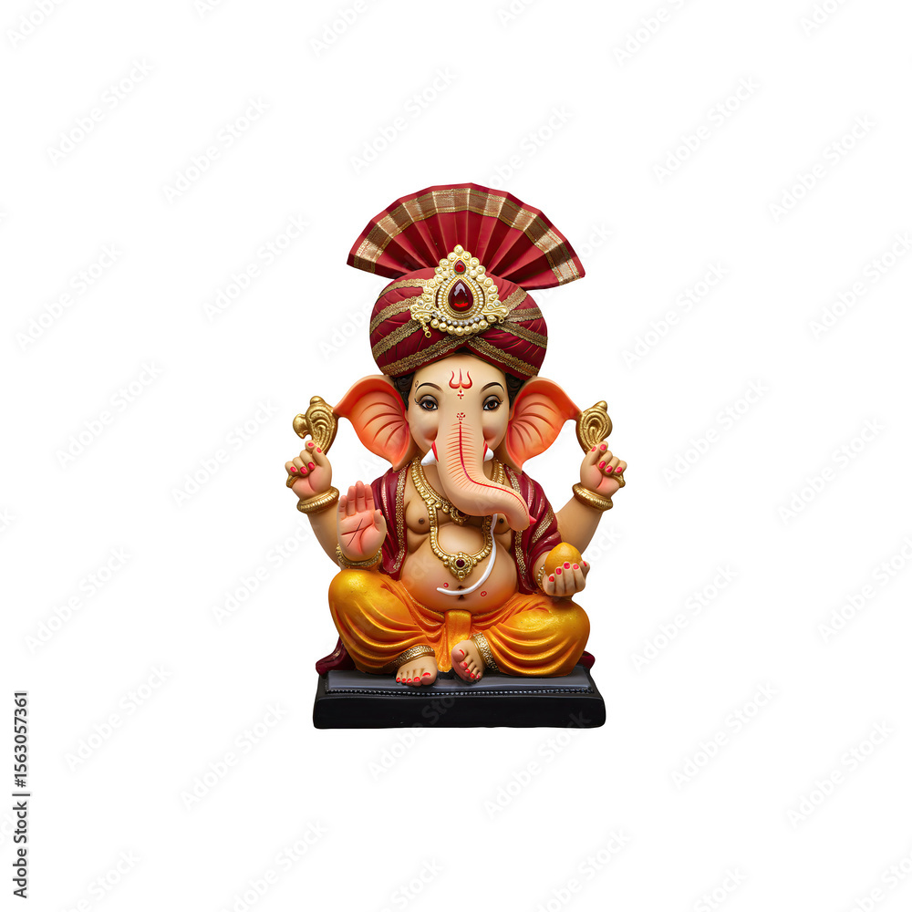 Fototapeta premium Lord Ganesha idol with orange crown sitting in blessing pose for worship and decoration