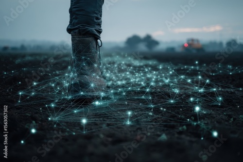 A lone boot steps on a dirt path, illuminated by a glowing network of connections extending across a misty field, with distant farm machinery blurred in the background