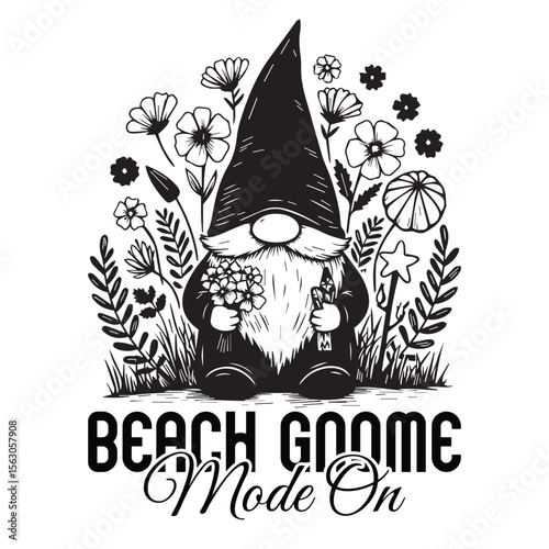A black and white beach gnome with flowers and a drink ready for vacation or holiday season