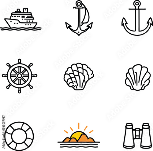 Nautical icon set in 3x3 grid featuring cruise ship, anchors, ship wheel, seashells, life preserver, ocean sunset, and binoculars