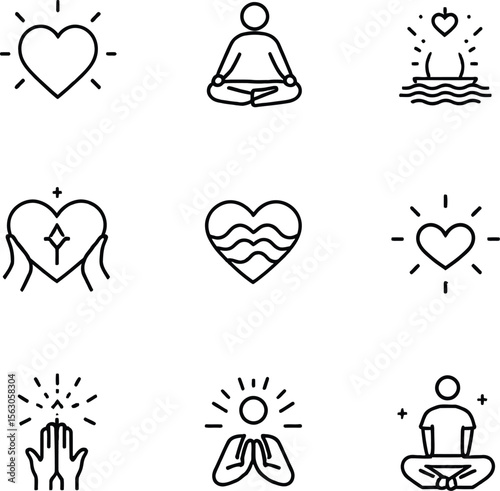 Mindfulness icon set in 3x3 grid featuring meditation poses, heart symbols, prayer hands, sparkles, and emotional wellness elements