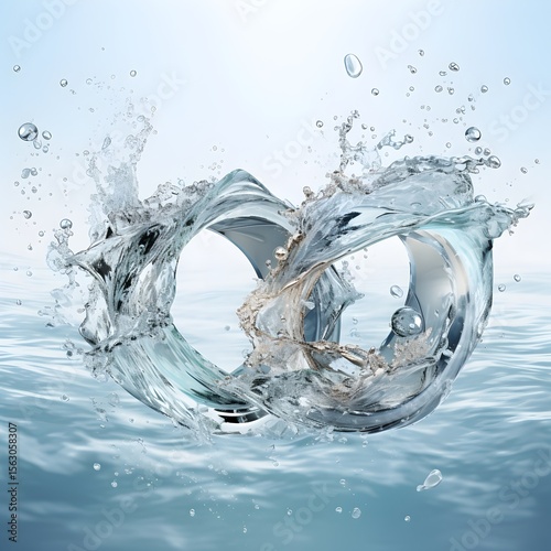 Two silver rings surrounded by waves and splashes of water, symbolizing purity, love, and the eternal unity of a couple in a romantic atmosphere.