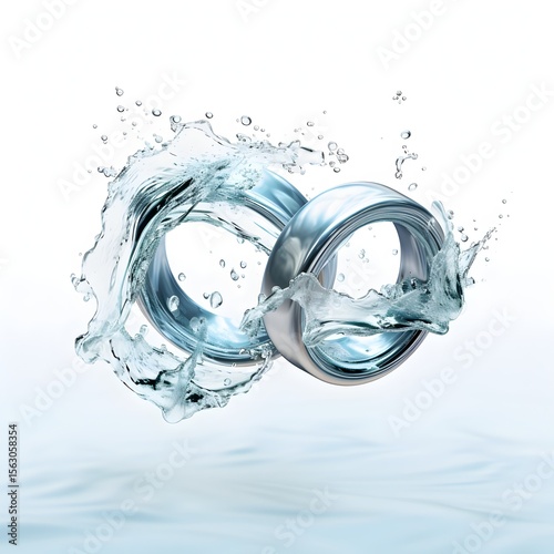 Two silver rings surrounded by waves and splashes of water, symbolizing purity, love, and the eternal unity of a couple in a romantic atmosphere.
